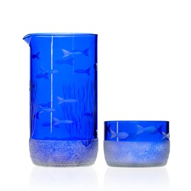 Rolf Glass School of Fish Twice Around Blue Pitcher and Mini Sipper | 13oz Recycled Glass Pitcher & 2” Mini Sipper | Tequila Tasting | Made From Recycled Bottles | Engraved in USA | 2pc + Gift Box Set