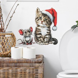 Christmas Wall Decals Winter Christmas Cute Cat Mouse Wall Stickers Removable Xmas Wall Decorations for Bathroom Toilet Lid Christmas Wall Clings for Kid Room Bedroom Living Room Party Decorations