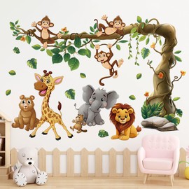 milaosk Wall Sticker Children's Room Wall Sticker Tree Forest Animals Elephant Monkey Giraffe Lion Bear Wall Sticker Wallpaper for Baby Room Toddler Room Bedroom Wall Decoration