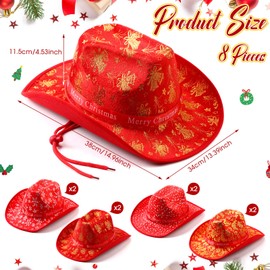 Coume 8 Pieces Christmas Cowboy Hat 4 Novel Styles Red Adult Cowboy Hat Western Hat with Red Ribbon for Christmas Costume Party Supplies