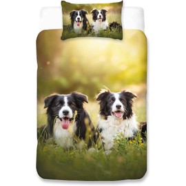 MUSOLEI Dog Single Duvet Cover Set 3D Printed Two Cute Border Collie Lying on the Grass Bedding Set for Adults Kids Zipper Closure Puppy Smile Quilt Cover 135x200cm and 50x75cm Pillowcase Set