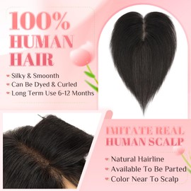 Elailite Real Human Hair Topper for Women, Natural Black Clip-In Hair Toppers, Real Hair Topper, Women's Hair Topper, Hairpiece, Silk Lace, 27.5 cm, 21 g, #1B