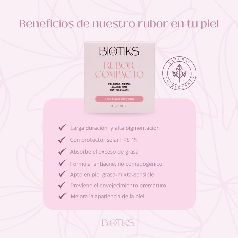 Biotiks Rubor en Polvo Compacto, para Piel Grasa y Sensible,