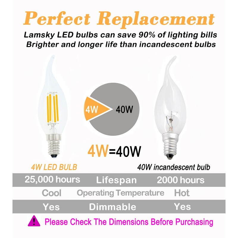 Lamsky E14 LED Bulb European Base 4W Dimmable 40W Equivalent,
