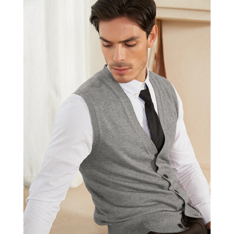 Kallspin Men's Knitted Cardigan Sleeveless V-Neck Wool Blend, lightgrey