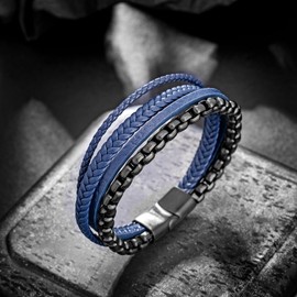 murtoo Mens Bracelet Leather Bracelet for Men Brown Black Leather with Stainless Steel Chain Bracelet Bracelet for Men Gift (Black Blue, 9.2'')