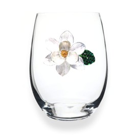 THE QUEENS' JEWELS Magnolia Jeweled Stemless Wine Glass - Unique Gift for Women, Birthday, Cute, Fun, Not Painted, Decorated, Bling, Bedazzled, Rhinestone