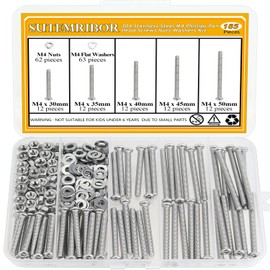 185 Pieces M4 x 30/35/40/45/50mm Machine Screws Nuts Washers Set, Sutemribor M4 Long Screws, M4 Phillips Pan Head Machine Screws Nuts Washers Assortment Kit, 304 Stainless Steel, Fully Threaded