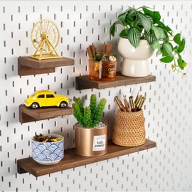 SEMPOMA Pegboard Shelf Set Compatible with IKEA Skadis Pegboard - Walnut Finish Wood Shelves, 4-Pack No Assembly Pegboard Wall Organizers