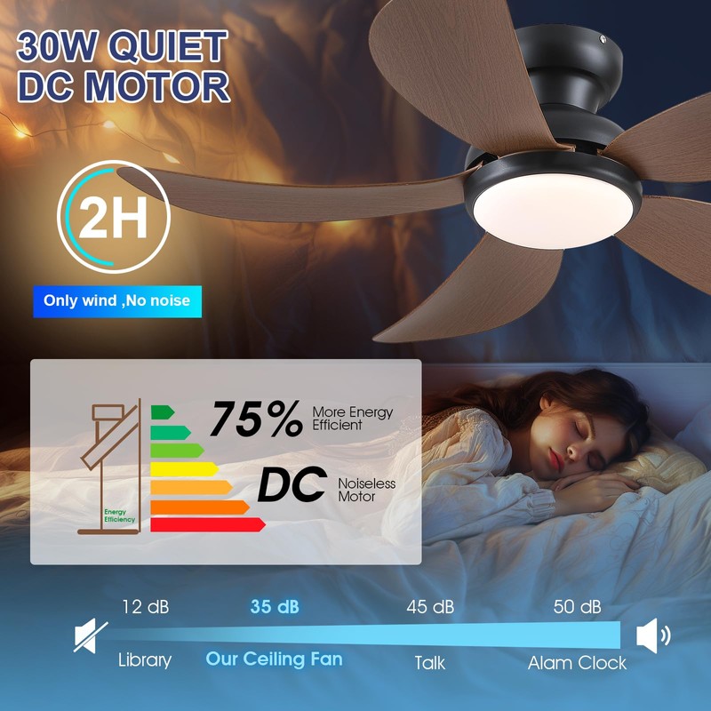 PHORUS Low Profile Ceiling Fans with Lights and Remote,42" Small