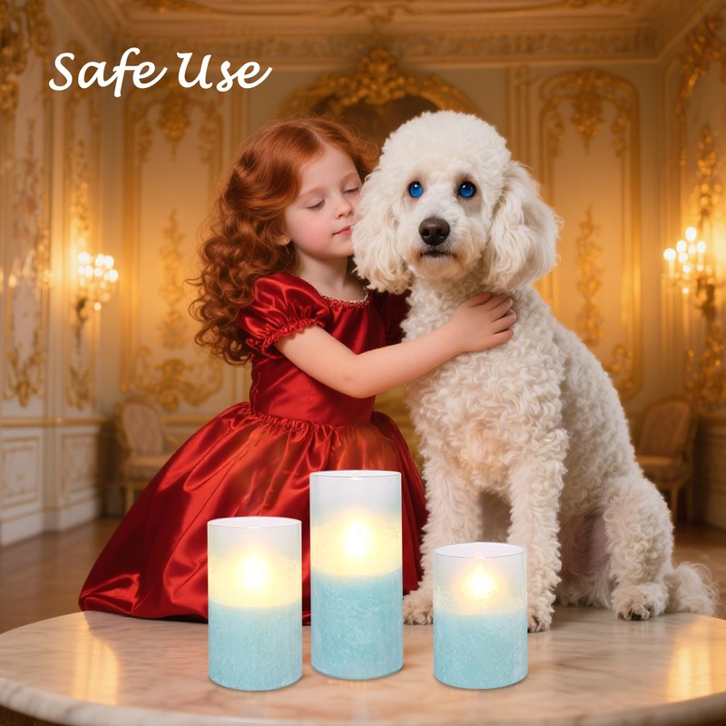 Holitown Glass Flameless Candles Set of 3 Blue Sandblasted Battery