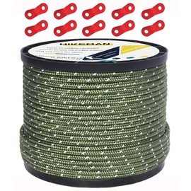 Hikeman 50m Reflective Guyline Solid Braid Nylon Camping Rope with Aluminum Adjuster Cord Tensioner Tent Accessory for Outdoor Travel,Hiking,Backpacking and Water Activities (Army Green, 4mm)