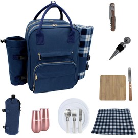 Truvelli Picnic Backpack for 2 with Blanket – 12-in-1 Insulated Picnic Basket Backpack Set with‬ Wine Holder, Cutlery & Cheese Board – Luxury Picnic Back Pack for Couples, Outdoor‬ Adventures, Blue