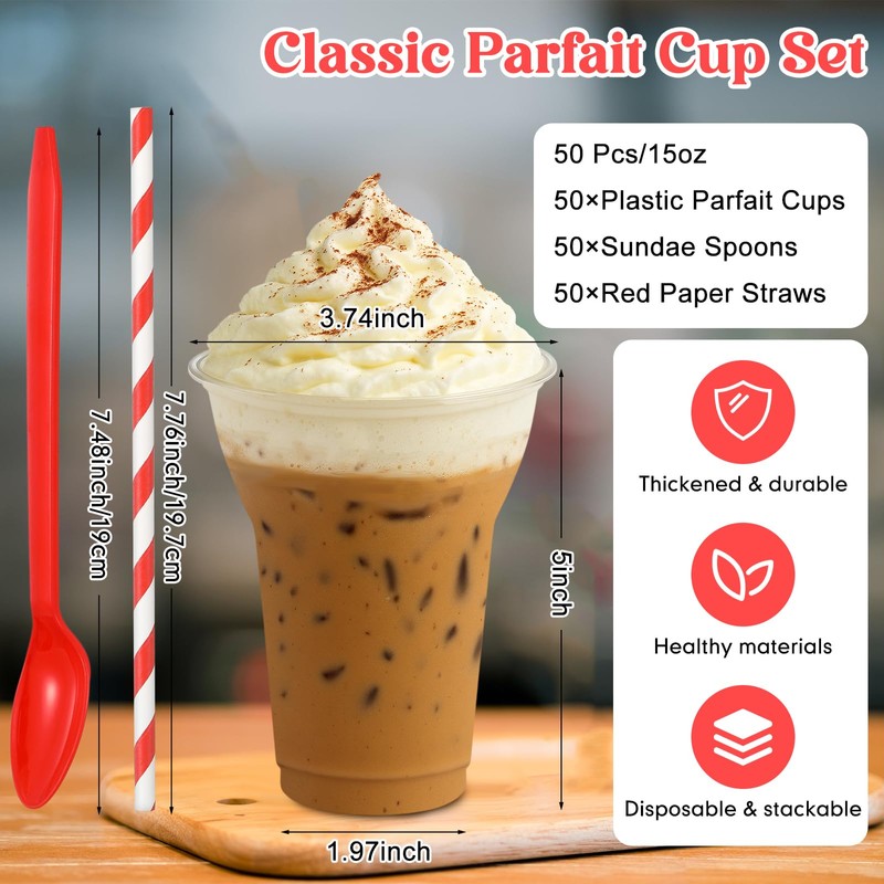 Baderke 50 Sets Plastic Parfait Cups with Red Plastic Soda