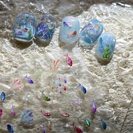 1 Sheets 5D Embossed Summer Nail Stickers for Nail Art Self-Adhesive Fish Nail Art Stickers Colorful Fish Seaweed Nail Decals Cute Nail Design for Women DIY Nails Decoration