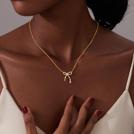 Poxtex Gold Necklace for Women Dainty Bow Necklaces 14K Rose Gold Cute Tiny Jewelry Trendy Bow Pendant Choker Charm Necklace Waterproof Non Tarnish Jewelry Gifts for Birthday Christmas Graduation
