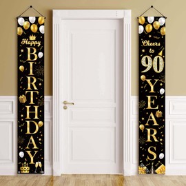 90th Birthday Decorations Door Banner - Black Gold Happy 90th Birthday Party Decoration Door Porch Sign Banners Backdrop for Women Men 90 Years Old Birthday Party Indoor Outdoor Decor Supplies
