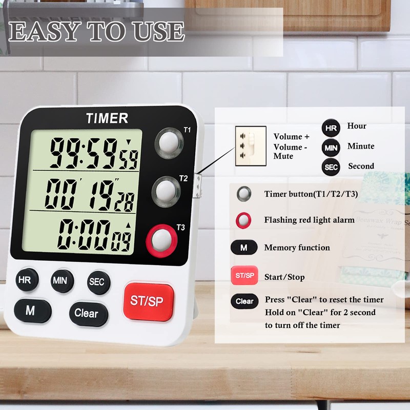 QINFIEY Digital 3 Channels Kitchen Cooking Multiple Timer with Large