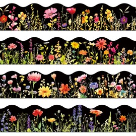 FYSUIMU 60 Pcs Floral Bulletin Board Borders Black Wild Flower Scalloped Self-Adhesive Border Trim Sticker Decals for Home Classroom Spring Party Wall Decoration