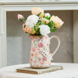 Vintage Colorful Daisy Flora Ceramic Vase with Handle, Retro Ice Glazed Crack Farmhouse Pitcher Vase for Home Decor, Living Room, Shelf, Office, Rustic Table Centerpiece 7 Inch