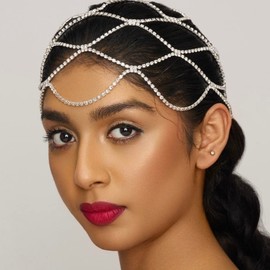 XSBODY Vintage 1920s Rhinestone Mesh Cap Headpiece for Women Girls Black Flapper Crystal Head Chain Hairpieces Jewelry Gatsby Belly Dance Cleopatra Hair Accessories (Silver)