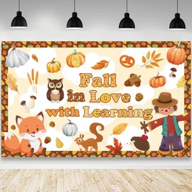 AIBIIN Fall in Love with Learning Backdrop Autumn Maple Leaves Pumpkin Fall Thanksgiving Classroom Decorations Back to School Wall Decor Supplies 70.8 x 43.3 inch