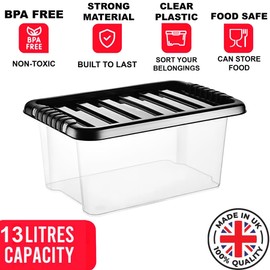 Buystarget 13L Storage Box with Black Lid Clear Plastic Storage Container Strong BPA Free Stackable Non Toxic Multipurpose Transparent Kitchen Home Office Classroom Toys Shoes Tidy Shelf Organisation