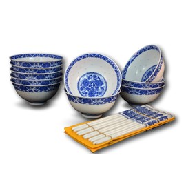 10 Pc Fine Porcelain Blue and White Rice Pattern Bowl, Bowl Set, with Free 10 Pairs of Porcelain Chopsticks Jingdezhen, Soup Bowl, Bowl Set, Fruit Bowl, Cereal Bowl