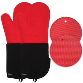 GIOOIG Extra Long Silicone Oven Mitts and Pot Holders, 15”Oven Mitts Heat Resistant 500F, Oven Mits with Quilted Liner Non-Slip Textured Grip, Perfect for BBQ, Baking, Cooking, Grilling (Red & Black)
