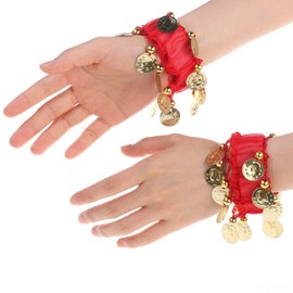 Healifty Belly Dance Wrist Cuffs Chiffon Coin Ankle Arm Bracelets Wristband Dancer Costume Accessory for Ladies Girls Women (Red)
