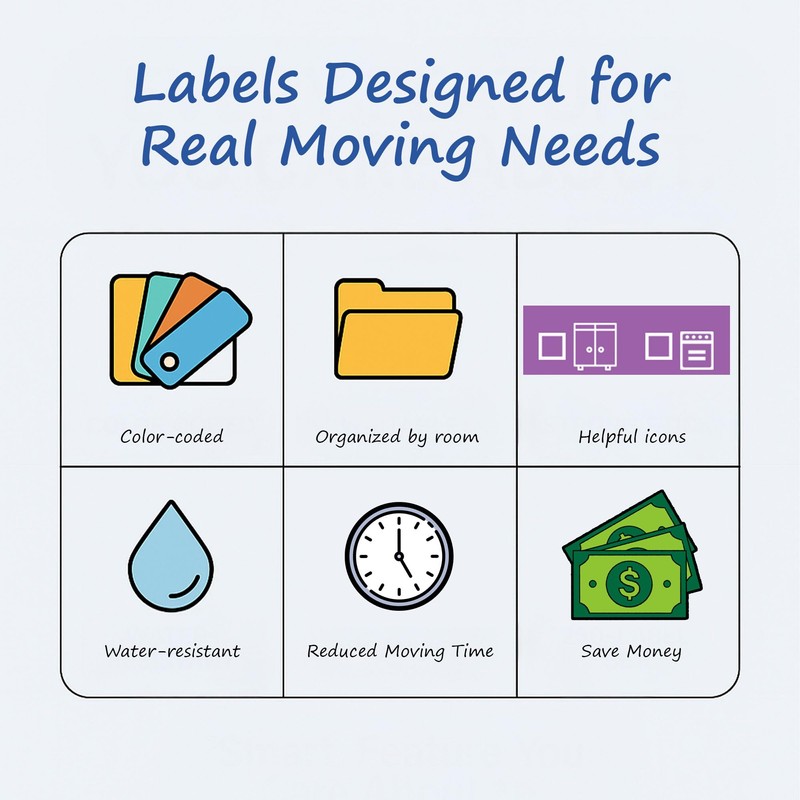 250 Home Moving Labels for 1 Bedroom — 5 Color-Coded