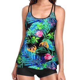 AUTOWT Traje de Baño Tankini para Mujer, 2 Piezas Conjunto de Baño con Control Abdomen, Sujetador Extraíble y Tirantes Ajustables, Top Holgado con Short Natación