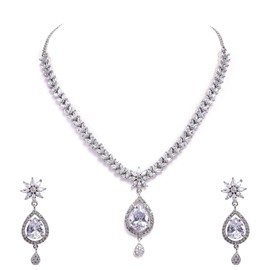 Ratnavali Jewels Women's Gold Tone Cubic Zirconia Pendant Necklace Earrings Set for Brides and Weddings RV2916, Metal, Cubic Zirconia
