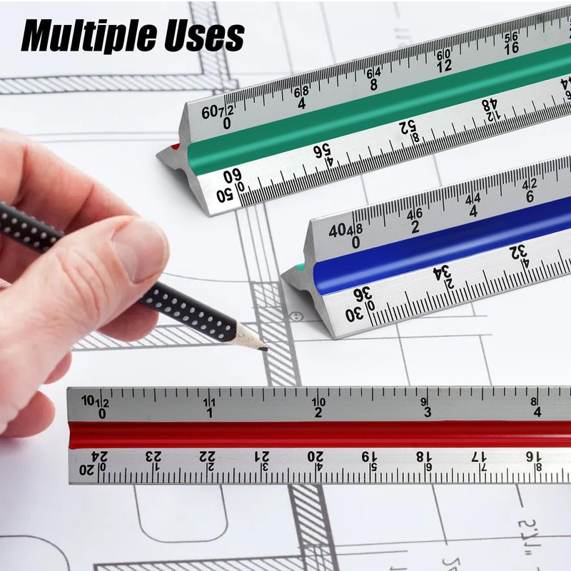 Kyuionty Engineer Scale Ruler 12 Inch, Aluminum Laser-Etched Triangular Drafting