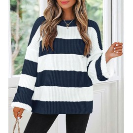 ZESICA Women's Fall Long Sleeve Crew Neck Striped Color Block Comfy Loose Oversized Knitted Pullover Sweater,Navy,Medium