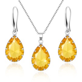 Linawe Jewellery Set, Bridal Jewellery, Wedding Jewellery, Women's Earrings Hanging and Pendant Chain Necklace, Available in Silver, Gold and Rose Gold, Silver Copper Gemstone, Created Citrine