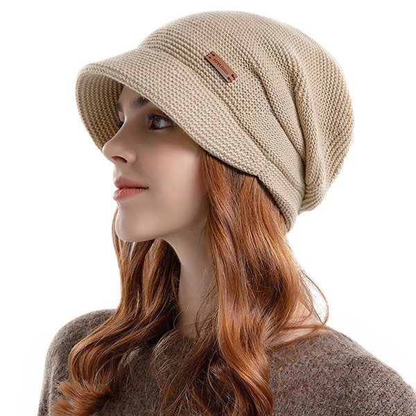 SIVAN Knit Hat, Women's, Autumn and Winter, Classic Knit Hat with Brim, Brushed Lining, Double Thermal Insulation, Skin-friendly, Cold Protection, Windproof, Thermal, Soft, Zero Tightness, Small Face Effect, Breathable, Fluffy Hat, Knit Cap, Care Hat, Solid Color, #04.khaki
