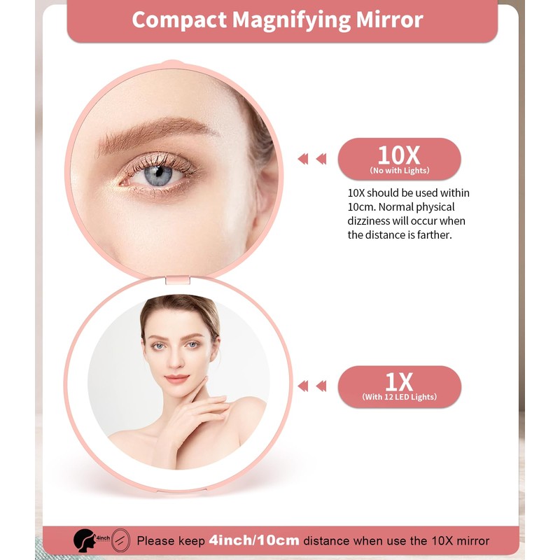 Wobsion Compact Travel Mirror - 1x/10x Magnification, Handheld 2-Sided, Perfect