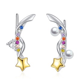 Star Climber Earrings 925 Sterling Silver Star Earrings Asymmertrical Star Jewellery Gift for Women, Sterling Silver, Cubic Zirconia