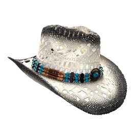 Women’s Western Straw Cowboy Hat Shapeable Brim Turquoise Beaded Hatband with Concho Sun Hat Rodeo Outdoor Wear, White & Black, One Size