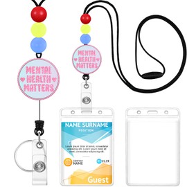 TONJOY Teacher Lanyards for Id Badges Reel - Retractable Keys Holder Cute Mental Health Matters Beaded Card Keychain for Women Student Work School Office