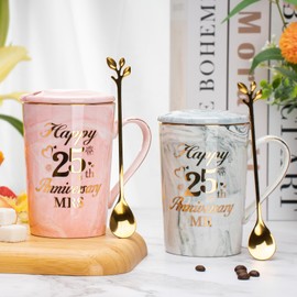 25th Anniversary Wedding Gifts, Silver Wedding Gifts Anniversary 2PCS Happy 25th Anniversar-y Mr Mrs Gift-s Marble Ceramic Cups Set 14oz, Silver Anniversar-y Couple Gift-s for Parents, Grandparents
