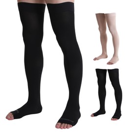 Doc Miller - Medias de compresión de punta abierta hasta el muslo de 15 a 20 mmHg para venas varicosas, apoyo para el embarazo con punta abierta, muslo de compresión alta para mujeres y hombres, Negro, 3X-Large