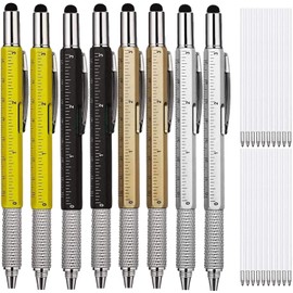 KEWAYO 8Pcs 6 in 1 Multitool Tech Tool Pen, – Multi-Functional & Measure Pen, with Scale Ruler, Spirit Level, Ballpoint Pen, Stylus & Small Screwdriver Set with 20 Refills