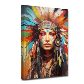 CXHOSTENT Native American Canvas Wall Art Indian Girl Headdress Feathered Picture Prints Abstract Colorful Woman Painting for Home Decor Framed (A, 12.00"x18.00")