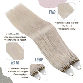 Ugeat Micro Loop Human Hair Extensions 16Inch Micro Ring Hair Extensions Remy Hair 100Gram #60A White Platinum Blonde Micro Hair Extensions Real Human Hair