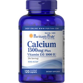Puritan's Pride Absorbable Calcium 1500 mg Plus Vitamin D3 25mcg 1000 IU, Dietary Supplement for Bone Strength, Heart, Nerve, Muscle, and Immune Support, 120 Coated Caplets