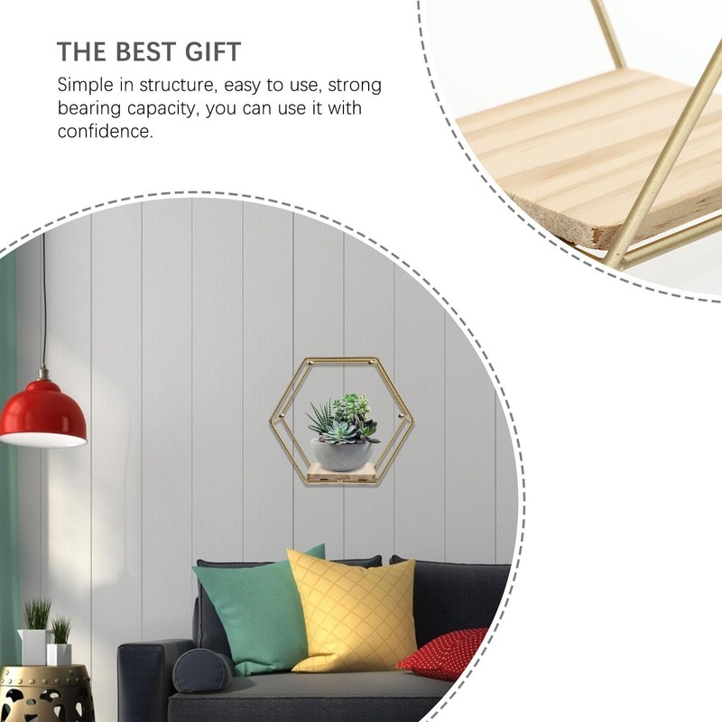 STOBAZA 2 Pack Hexagonal Wall Mounted Gold Shelves Wall Decor