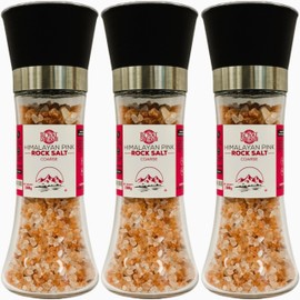 RoyalHouse 200 Gr (PACK 3) Himalayan Natural Pink Rock Salt in Refillable Glass Grinder - 7 oz Healthy Unrefined Coarse Salt Packed with Minerals - Kosher Certified
