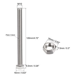 sourcing map M10 x 120mm Hex Head Screws Bolts, Nuts, Flat & Lock Washers Kits, 304 Stainless Steel Fully Thread Hexagon Bolts 4 Sets